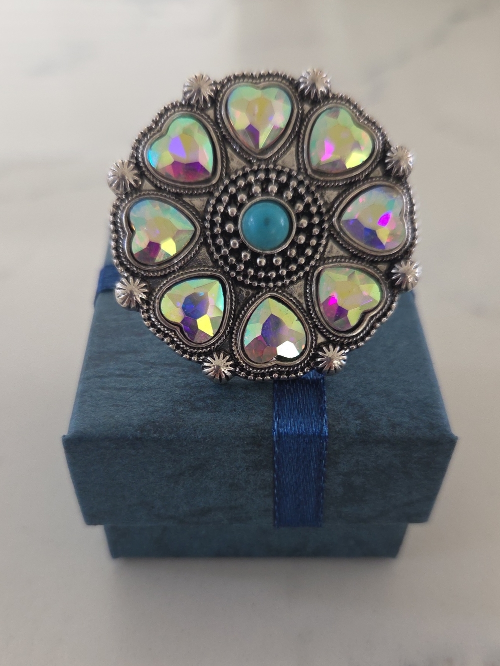 Aurora Heart Crystal Flower Adjustable Statement Ring - Turquoise Center